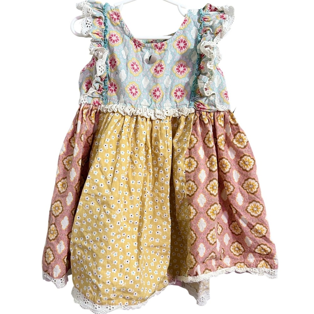Mustard Pie Girls Patchwork Dress Blue Pink Yellow‎ Floral Lace Ruffle Size 8